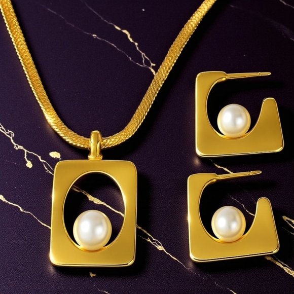 Elegant 18K Gold Plated Faux Pearl Necklace & Earrings Set Minimalist Design - Picture 7 of 10